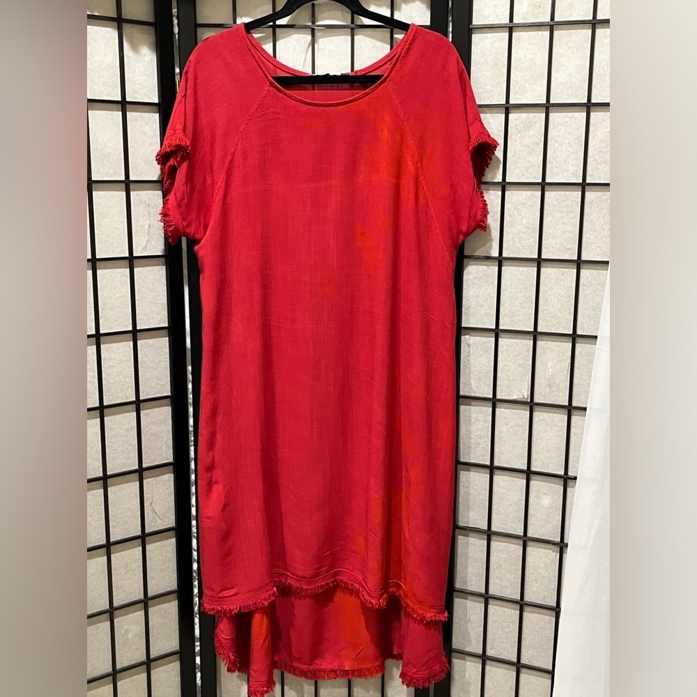 VASNA HIGH LOW BOHEMIAN RED Midi Dress, LINEN COTTON BLEND MADE IN ITALY SIZE PL